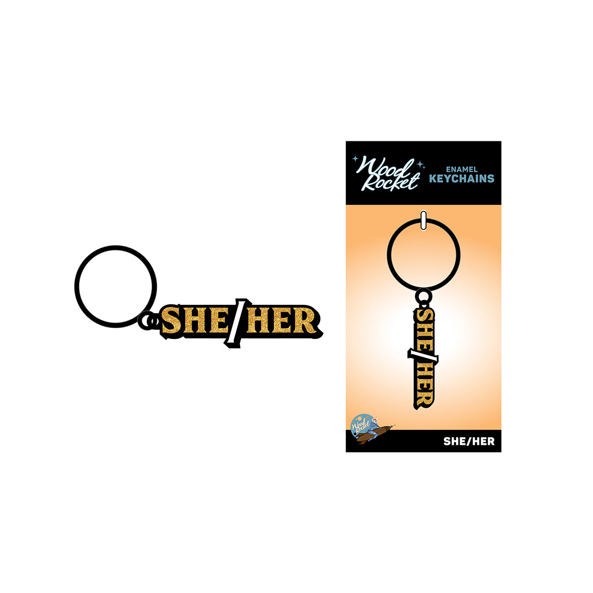 Wood Rocket She/Her Keychain