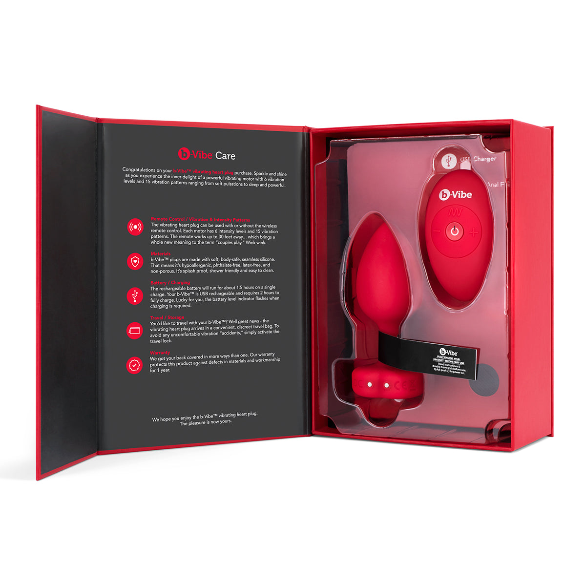 B-Vibe Vibrating Heart Plug Medium/Large - Scarlet Ruby