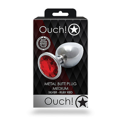 Shots Ouch! Round Gem Butt Plug Medium - Silver/Ruby Red