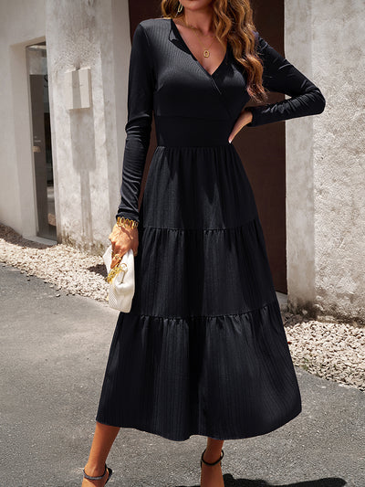 Surplice Neck Long Sleeve Smocked Waist Midi Dress