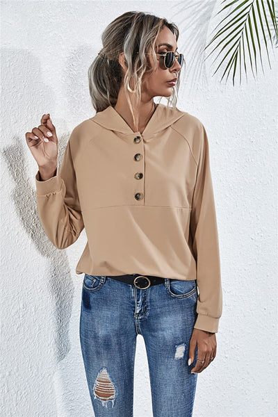 Buttoned Raglan Sleeve Hooded Blouse