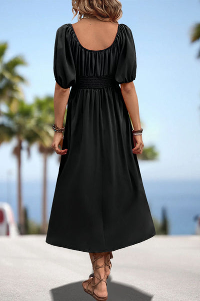 Square Neck Smocked Waist Puff Sleeve Midi Dress