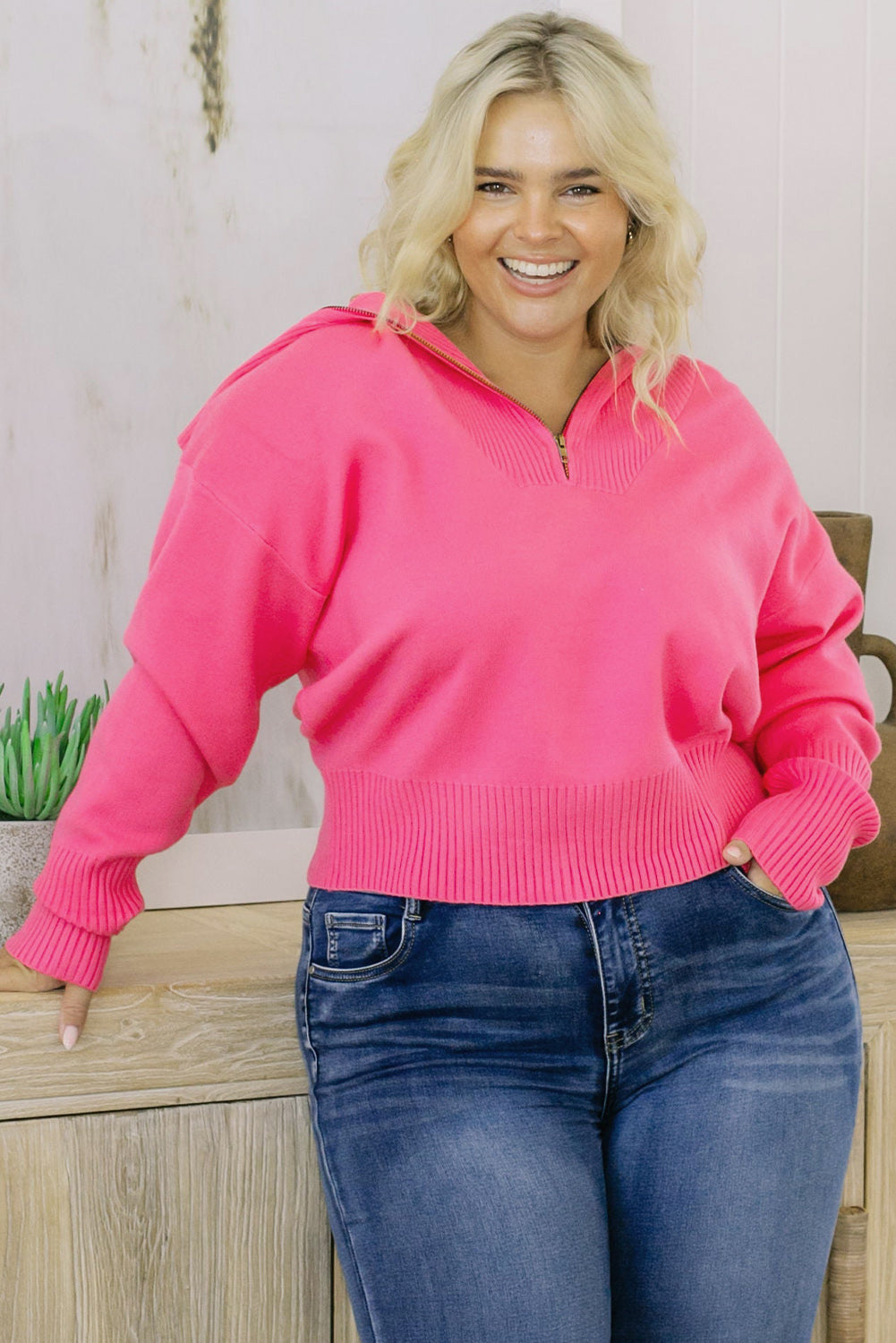 Plus Size Collared Neck Zip-Up Long Sleeve Sweater