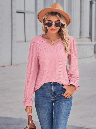 Eyelet V-Neck Flounce Sleeve Blouse