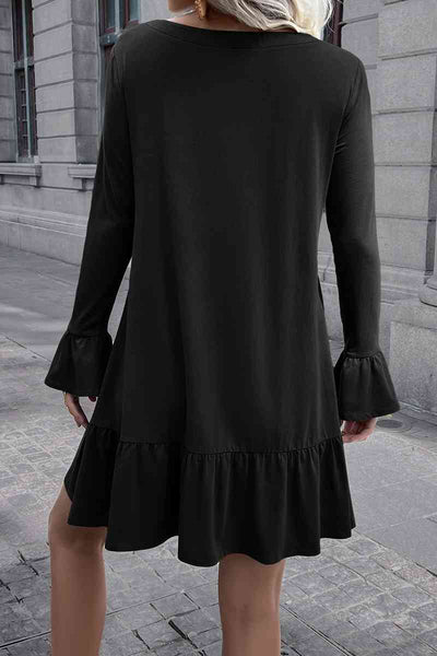 V-Neck Flounce Sleeve Ruffle Hem Mini Dress