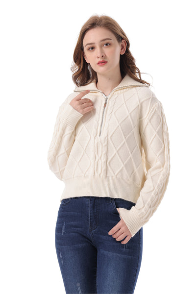 Zip-Up Collared Neck Long Sleeve Sweater