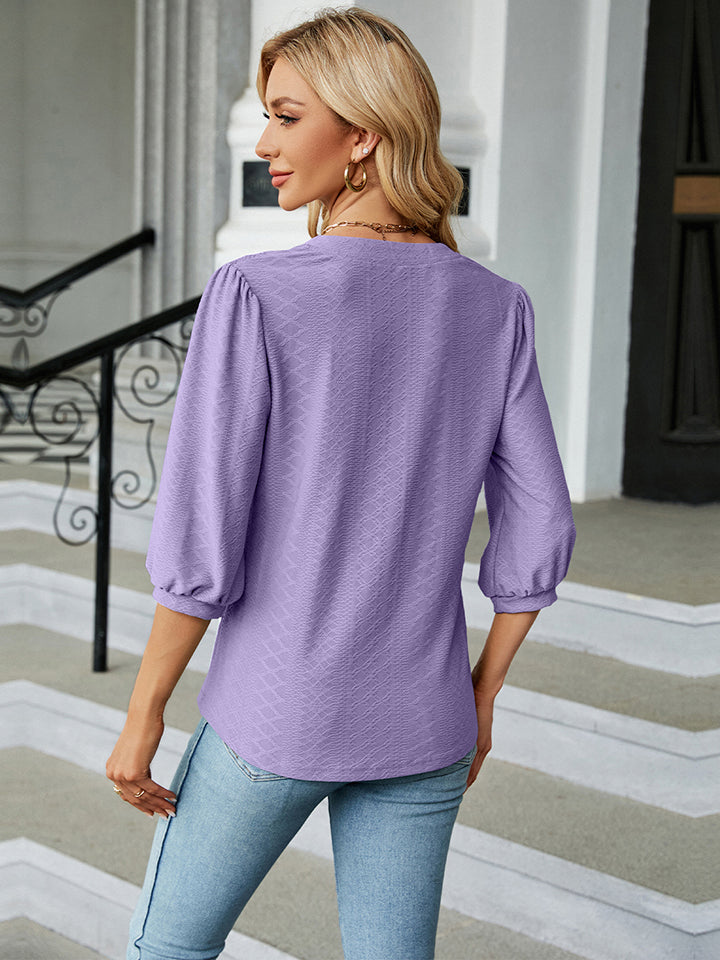 Notched Neck Three-Quarter Sleeve Blouse