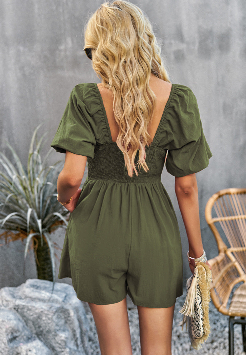 Square Neck Short Sleeve Smocked Romper