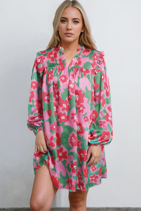 Floral Notched Neck Long Sleeve Dress