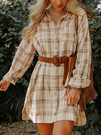 Plaid Collared Neck Long Sleeve Shirt Dress