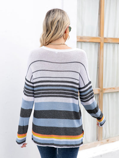 Striped Long Sleeve Round Neck Knit Top