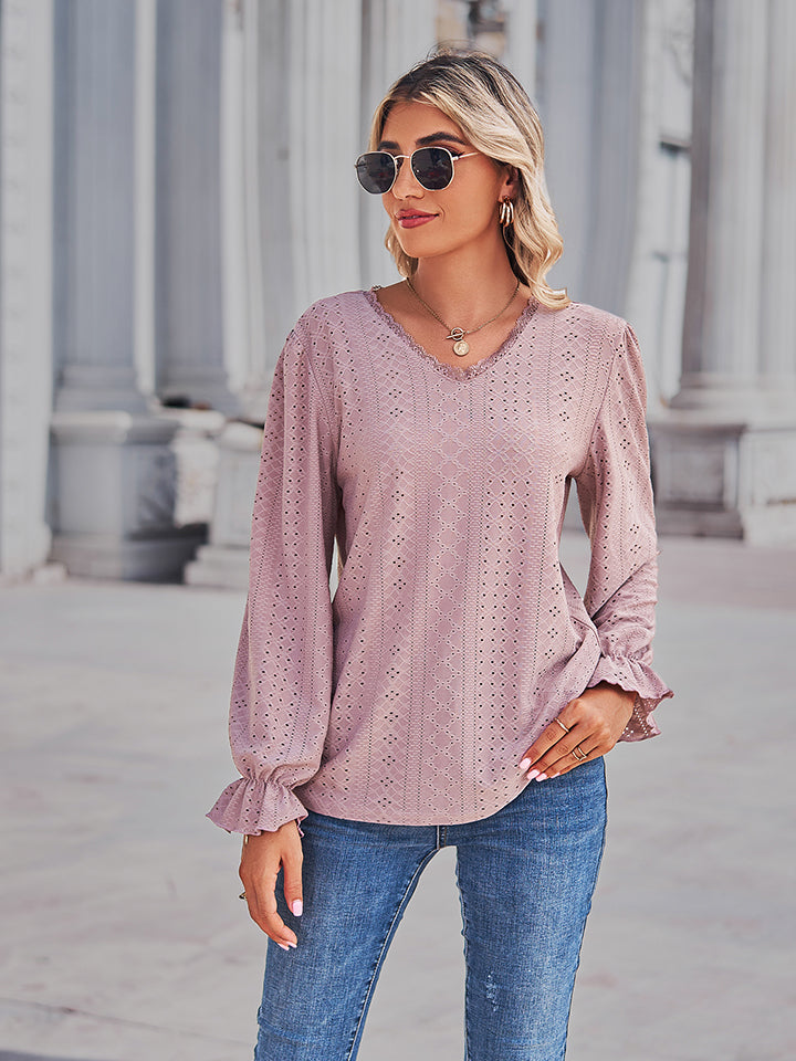 Eyelet V-Neck Flounce Sleeve Blouse