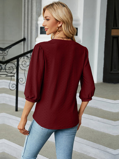 Notched Neck Three-Quarter Sleeve Blouse