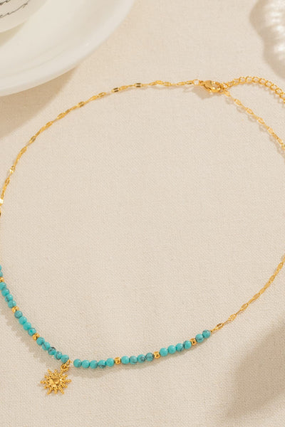 Turquoise Beaded 18K Gold-Pleated Sun Shape Pendant Necklace