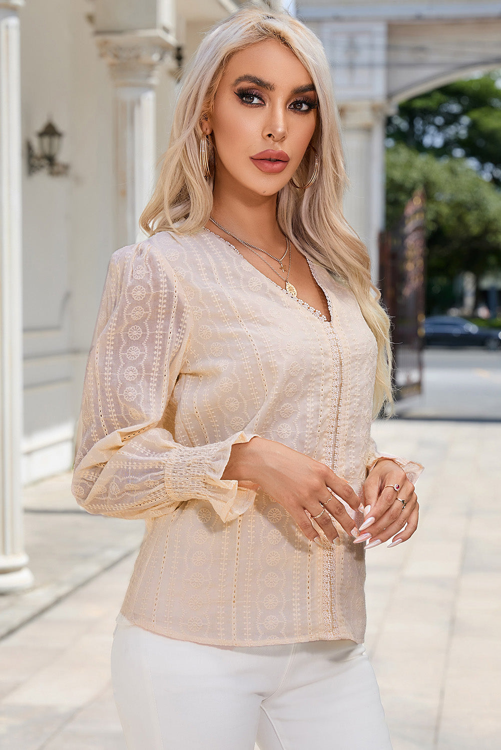 V-Neck Smocked Flounce Sleeve Blouse