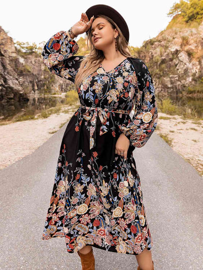 Plus Size V-Neck Long Sleeve Dress