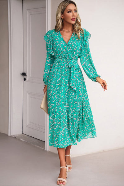 Surplice Neck Balloon Sleeve Midi Dress