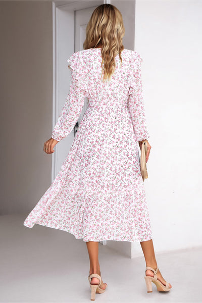 Surplice Neck Balloon Sleeve Midi Dress