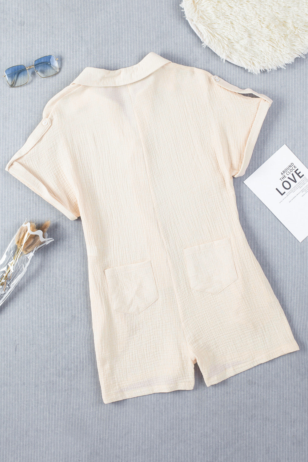 Textured Johnny Collar Short Sleeve Romper