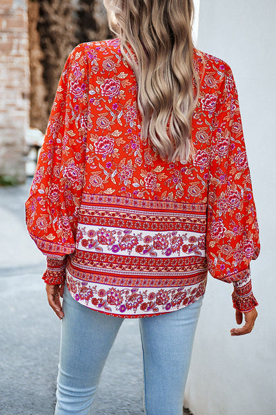 Printed Collared Neck Smocked Lantern Sleeve Shirt