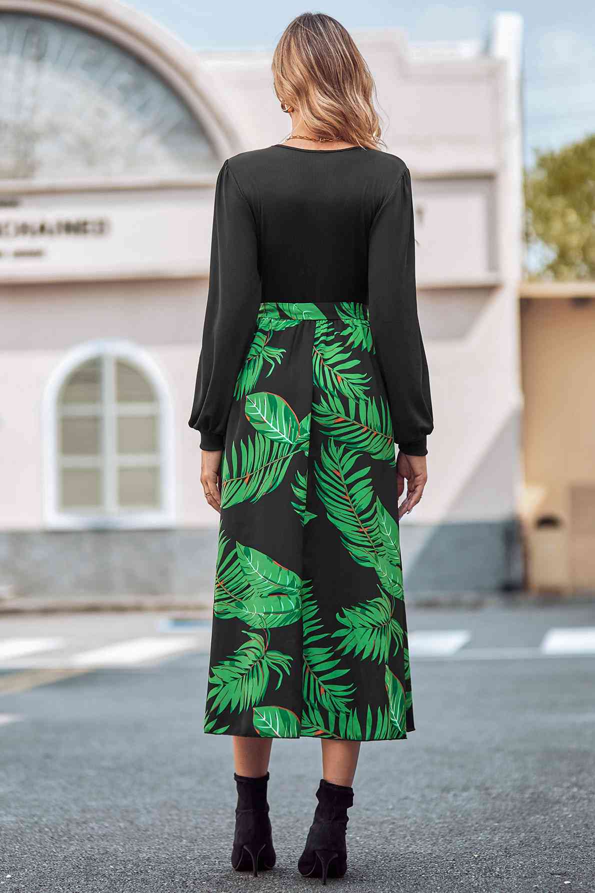 Printed Tie Waist Long Sleeve Dress