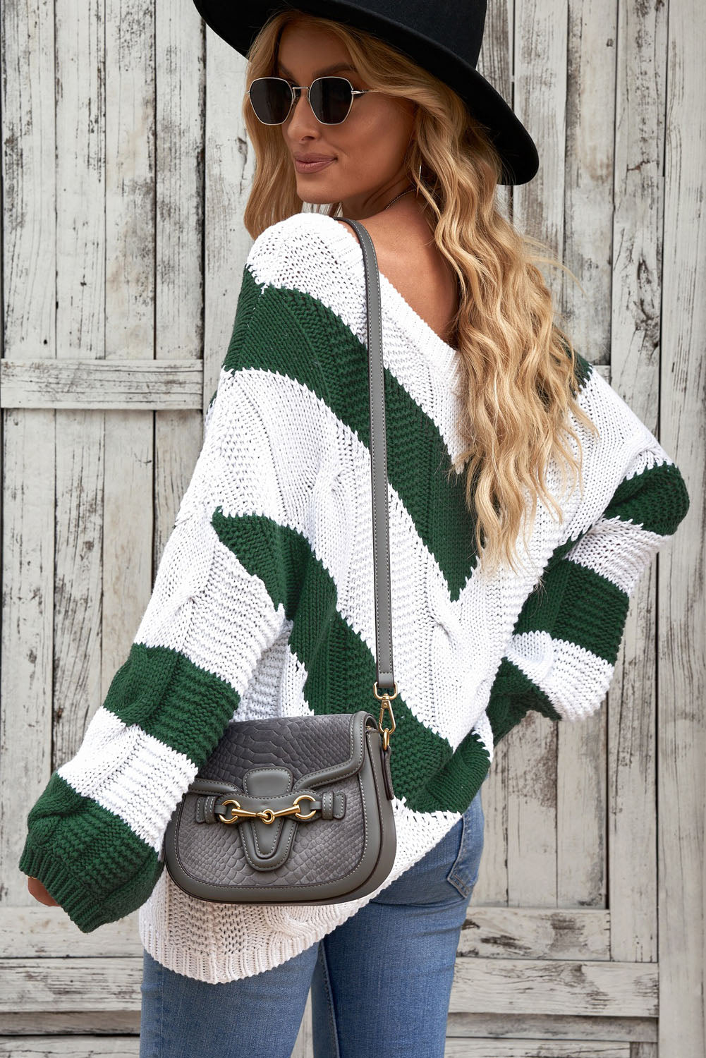 Woven Right Chevron Cable-Knit V-Neck Tunic Sweater