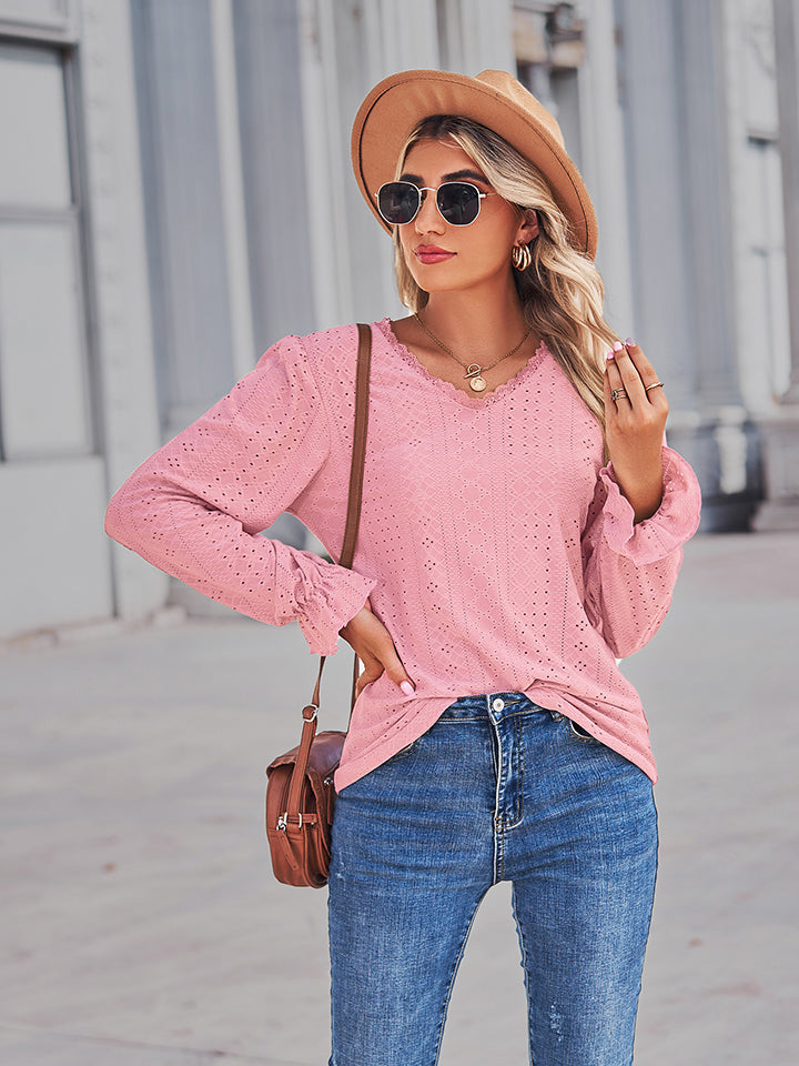 Eyelet V-Neck Flounce Sleeve Blouse