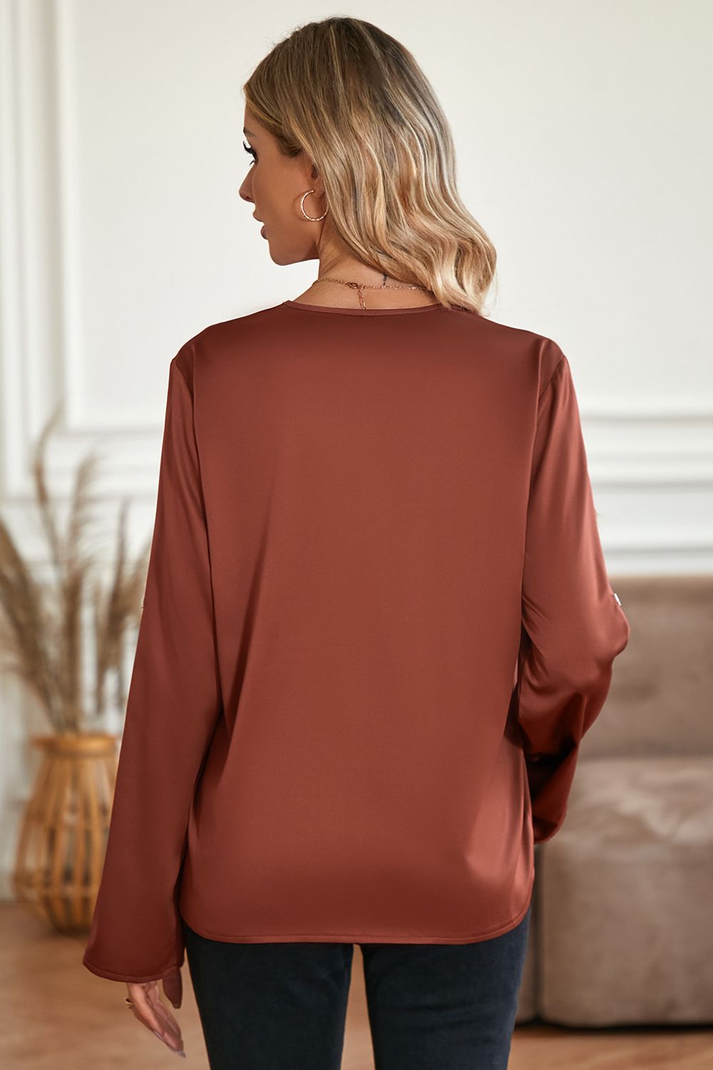 Roll-Tab Sleeve Collared Neck Blouse