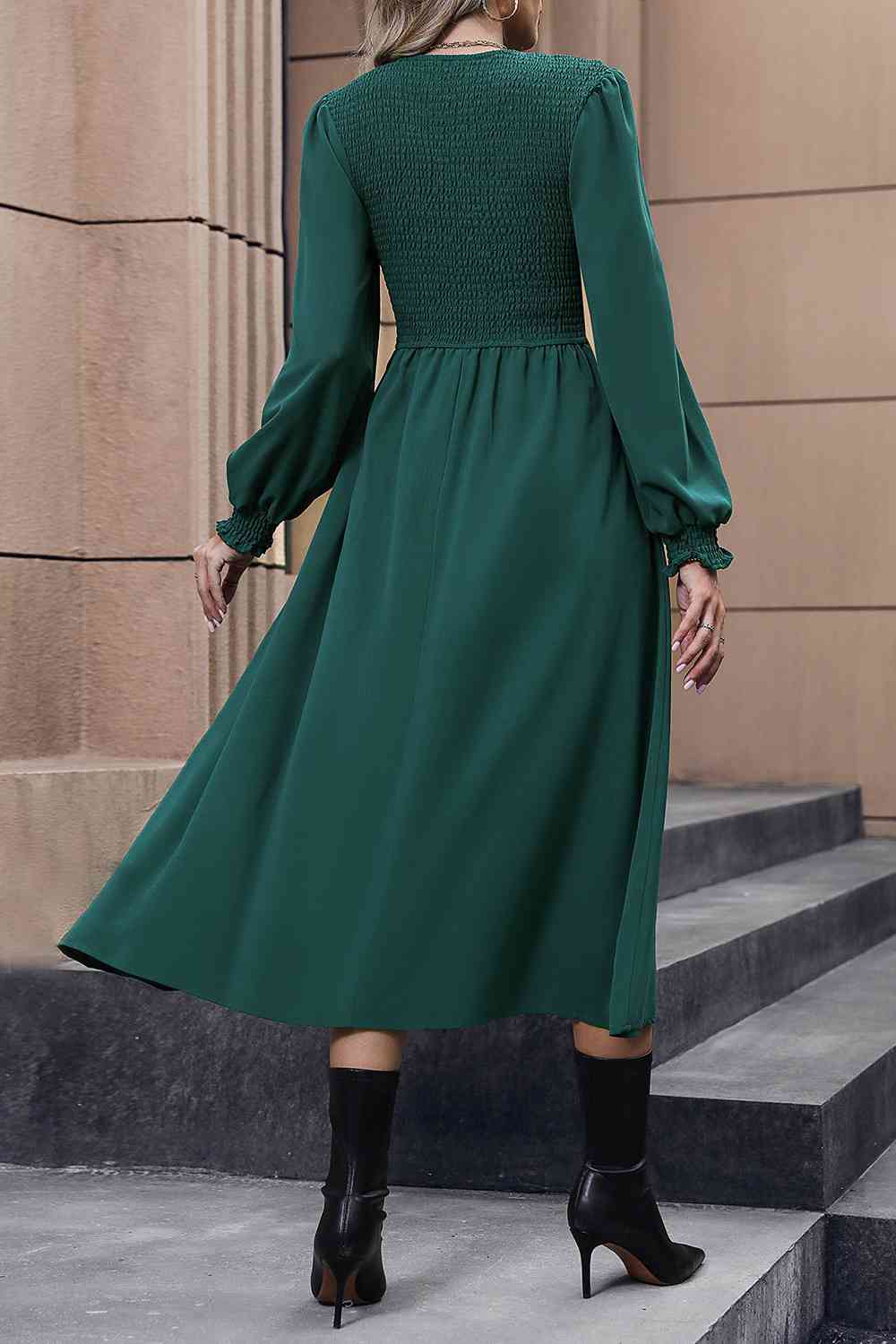 Smocked Long Sleeve Midi Dress