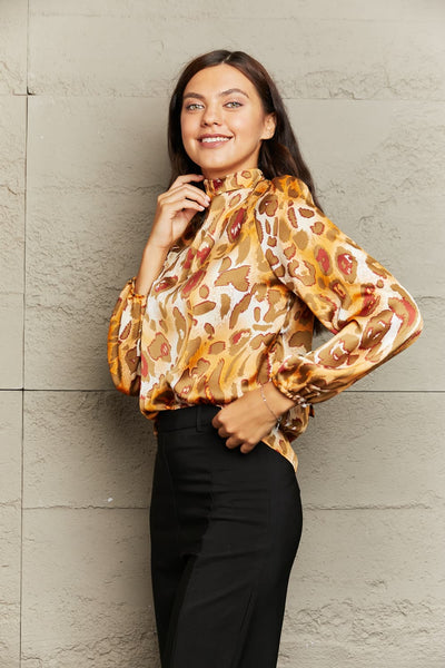 Printed Mock Neck Long Sleeve Blouse