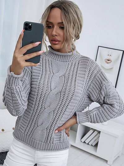 Round Neck Cable-Knit Dropped Shoulder Sweater