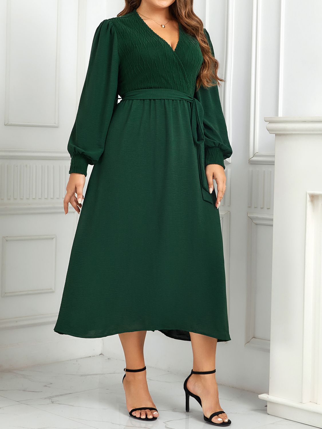 Plus Size Surplice Neck Tie Waist Long Sleeve Midi Dress