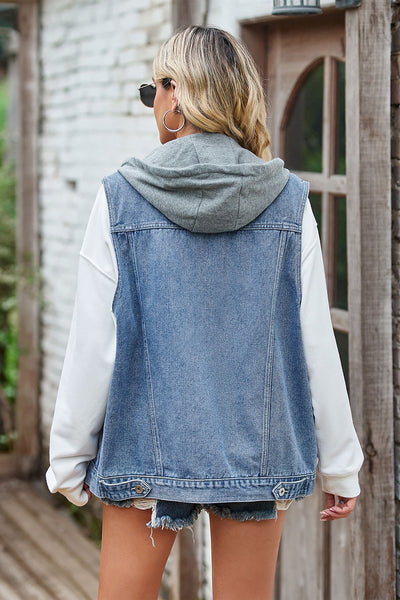 Sleeveless Hooded Denim Jacket with Pockets