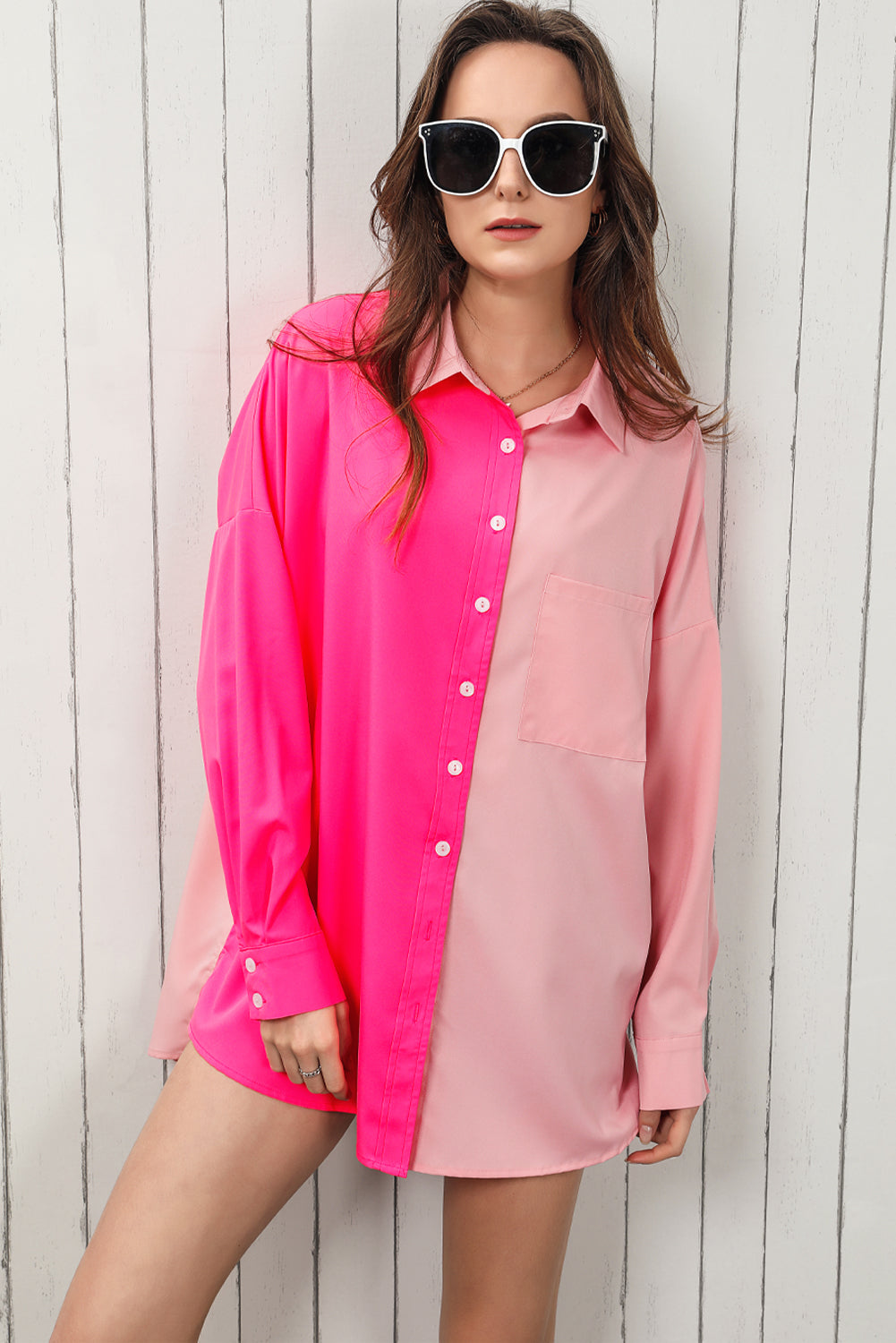 Double Take Color Block Collared Longline Shirt