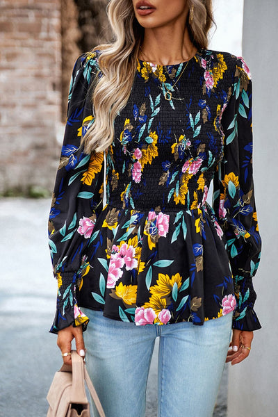 Round Neck Flounce Sleeve Peplum Top