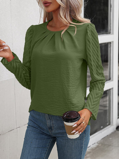 Ruched Round Neck Puff Sleeve Blouse