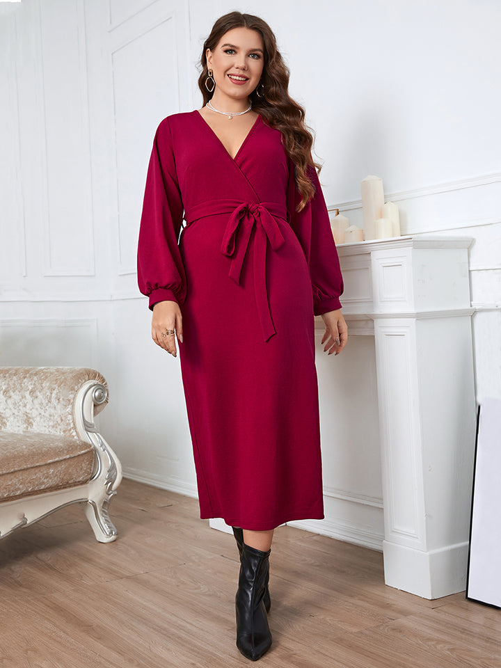 Plus Size Surplice Neck Tie Waist Dress