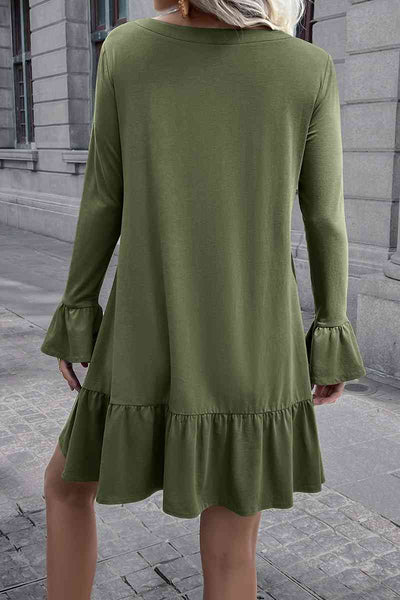 V-Neck Flounce Sleeve Ruffle Hem Mini Dress