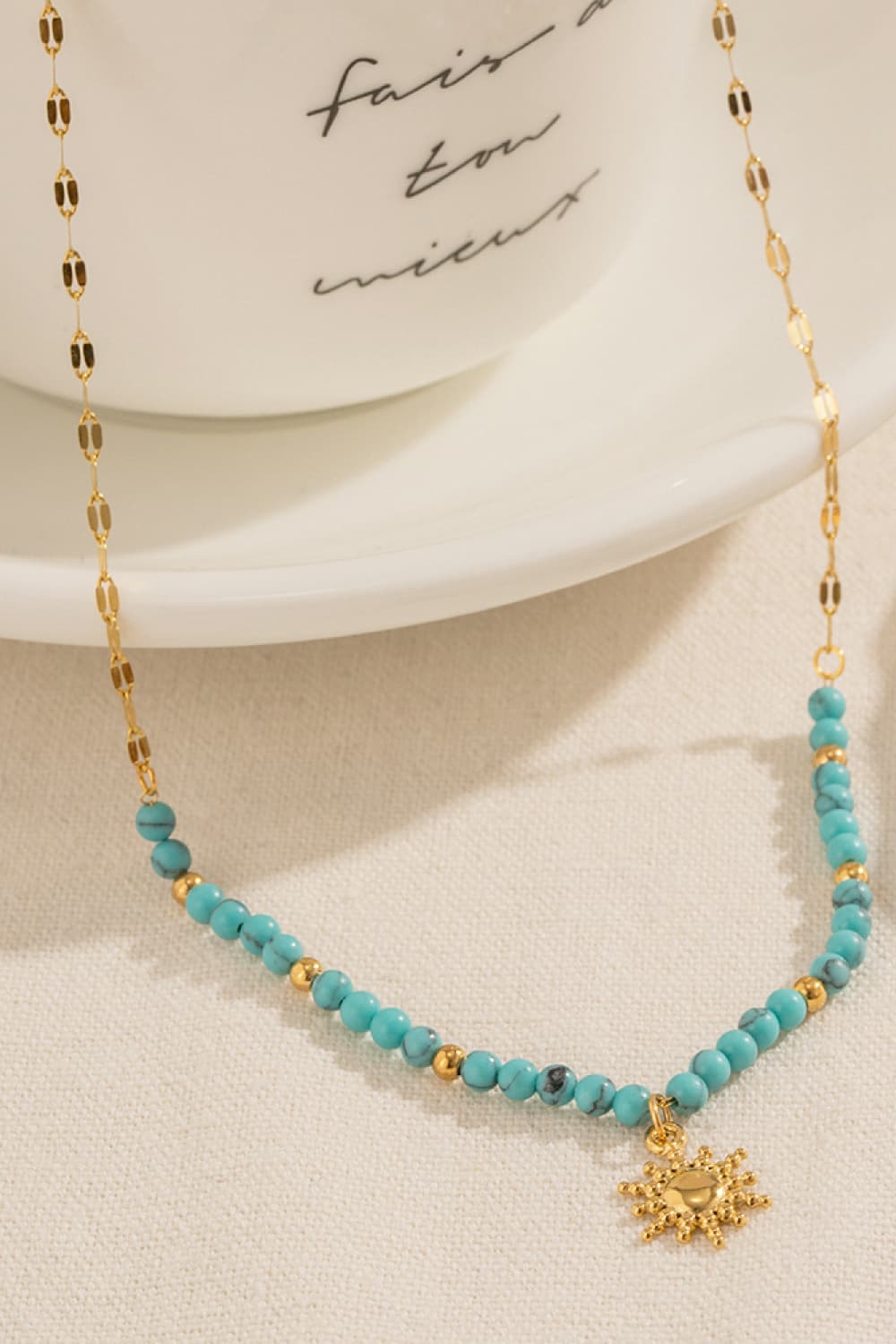 Turquoise Beaded 18K Gold-Pleated Sun Shape Pendant Necklace