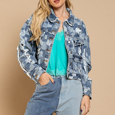 Plaid Raw Hem Dropped Shoulder Denim Jacket