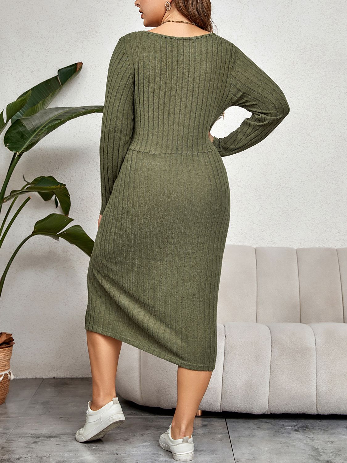 Plus Size Ribbed Round Neck Twisted Slit Midi Dress