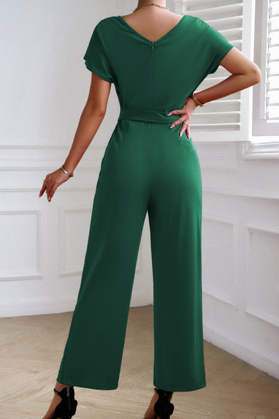 Tie Waist V-Neck Short Sleeve Jumpsuit