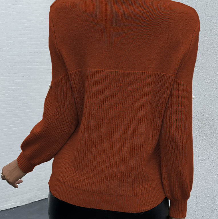 Bead Detail Round Neck Long Sleeve Ribbed Sweater