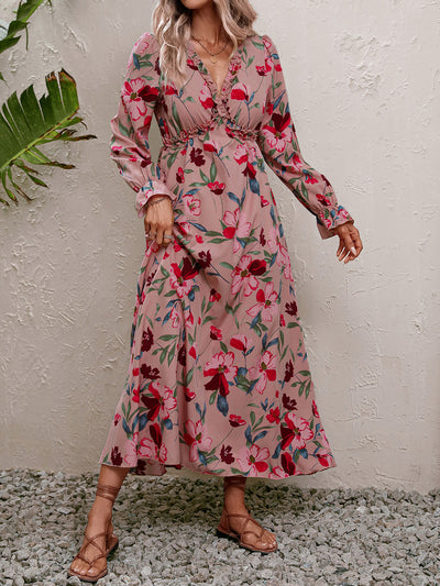 Floral Frill Trim V-Neck Maxi Dress