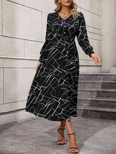 Geometric V-Neck Lantern Sleeve Dress