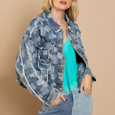 Plaid Raw Hem Dropped Shoulder Denim Jacket