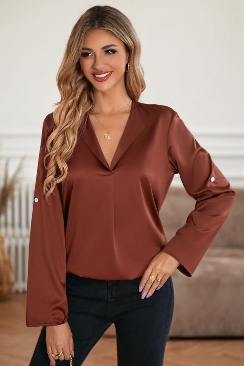 Roll-Tab Sleeve Collared Neck Blouse