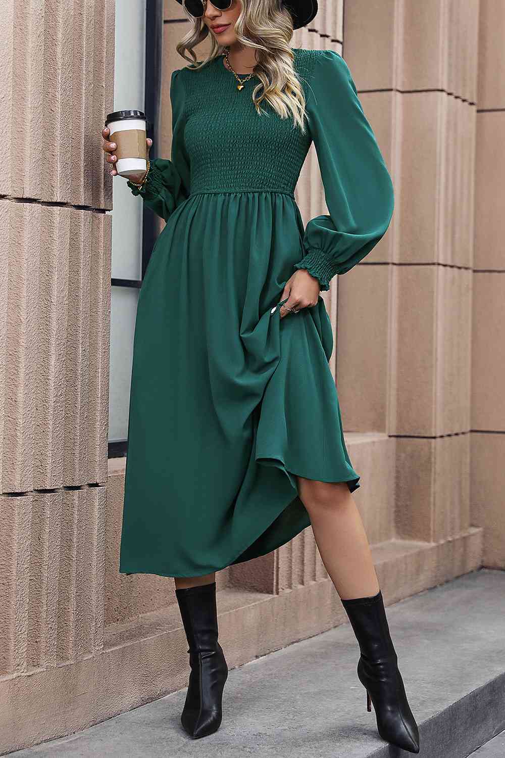 Smocked Long Sleeve Midi Dress