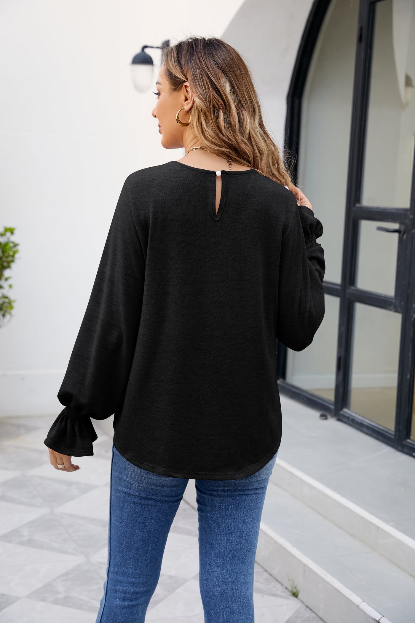 Round Neck Flounce Sleeve Blouse