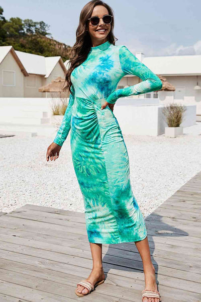 Tie Dye Mock Neck Long Sleeve Dress